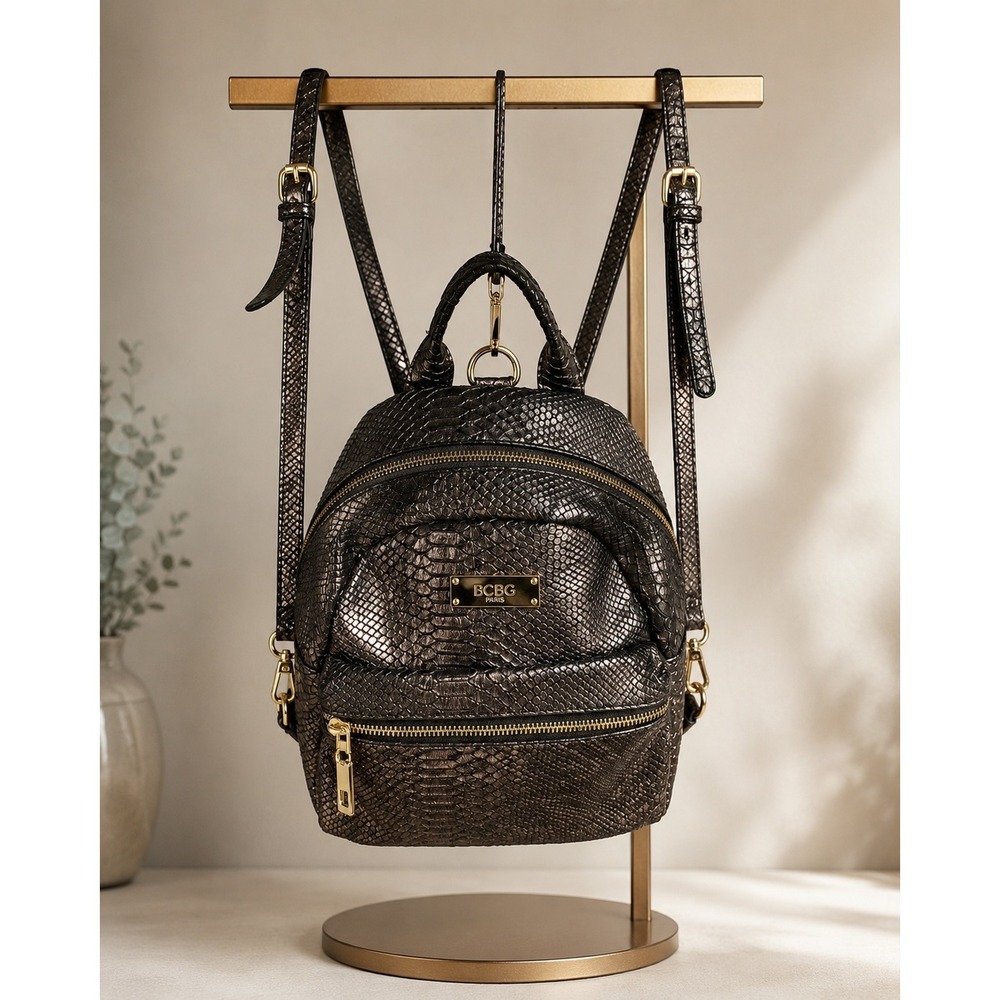 BCBG Paris Mini Backpack Metallic Bronze Snakeskin Embossed Faux Leather Bag